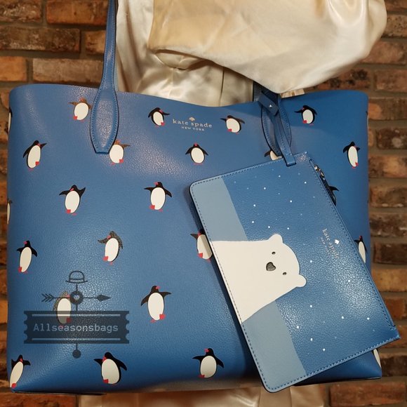 KATE SPADE ARCTIC FRIENDS PENGUIN LARGE REVERSIBLE TOTE W/WRISLET K4745 NWT $35 - Picture 6 of 9